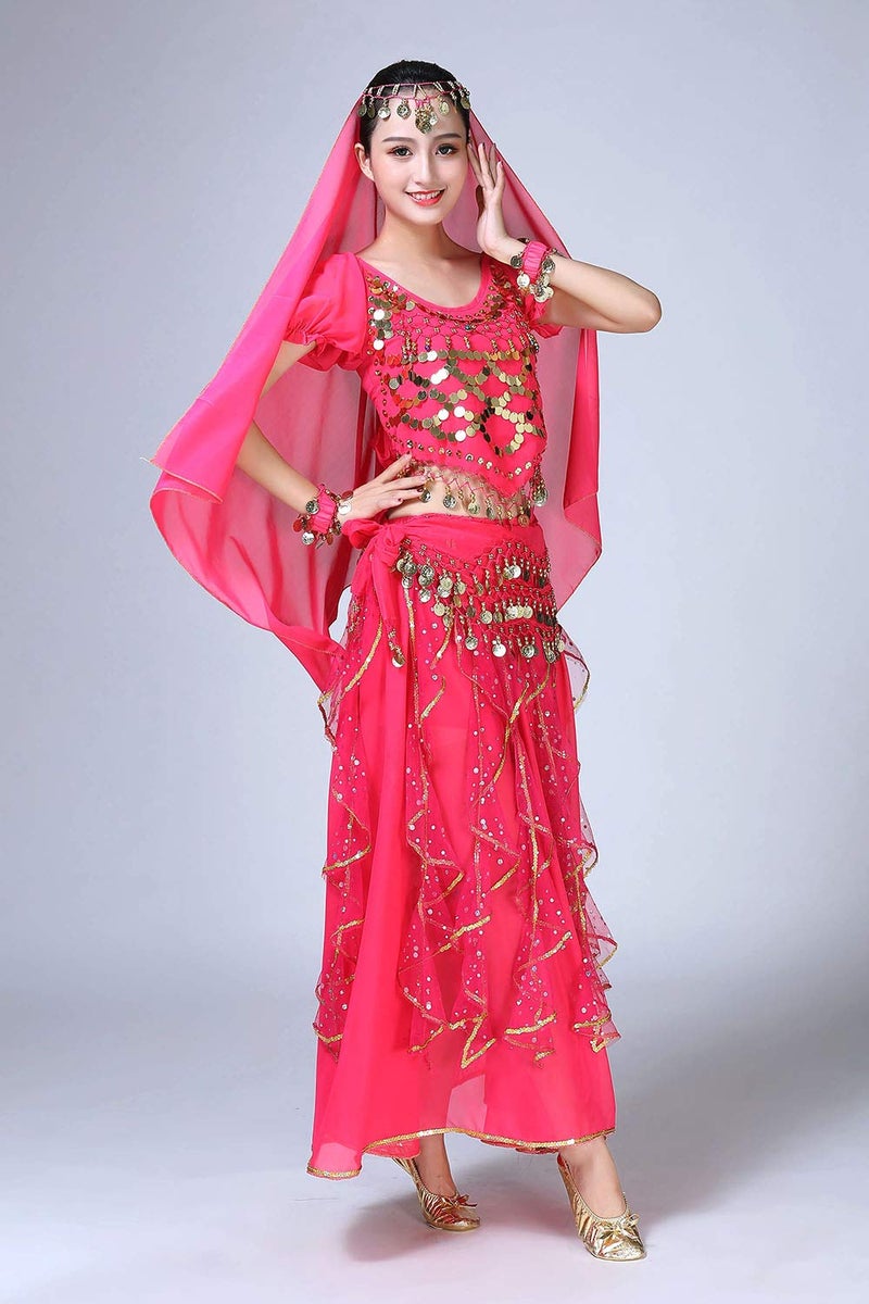 ORIDOOR Women Belly Dance Dress Indian Bollywood Halloween Costume Chiffon Skirts Shiny Belly Dance Suits 5-Piece Outfit, 004 Rose Red, One Size - Image 3